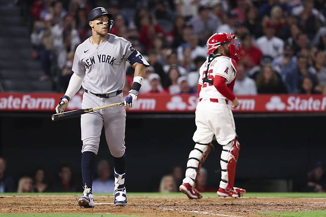 ▲ 고의 볼넷만 두 개 얻은 애런 저지는 2타수 무안타로 LA에인절스와 경기를 마쳤다. ⓒ연합뉴스