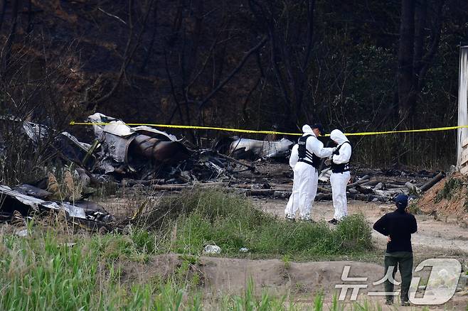 군 항공사고 조사관들이 30일 오전 경북 포항시 남구 동해면 야산에 추락한 해군 대잠 해상초계기 사고 현장 조사를 진행하고 있다. 2025.5.30/뉴스1 ⓒ News1 최창호 기자