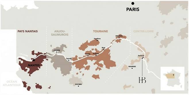 루아르 밸리(Loire Valley)의 지도. 앙리 부르주아는 동쪽 상트르(Centre) 지역 상세르(Sancerre)에 자리잡고 있다.