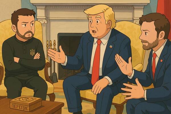 ▲미국과 우크라이나의 정상회담 사진을 지브리 스튜디오풍으로 구현한 AI 이미지.