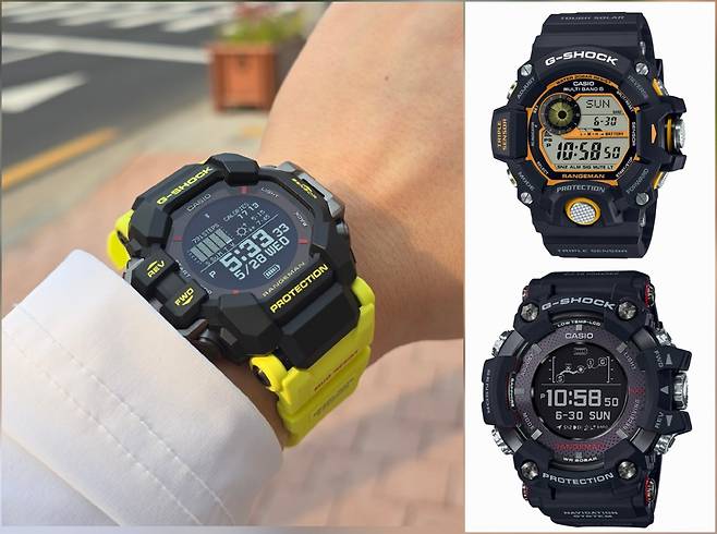 지샥 레인지맨 최신 모델인 GPR-H1000(좌측) 모델과 엔트리 레인지맨인 GW-9400(우측 상단)과 자체 GPS 기능을 탑재한 GPR-B1000.