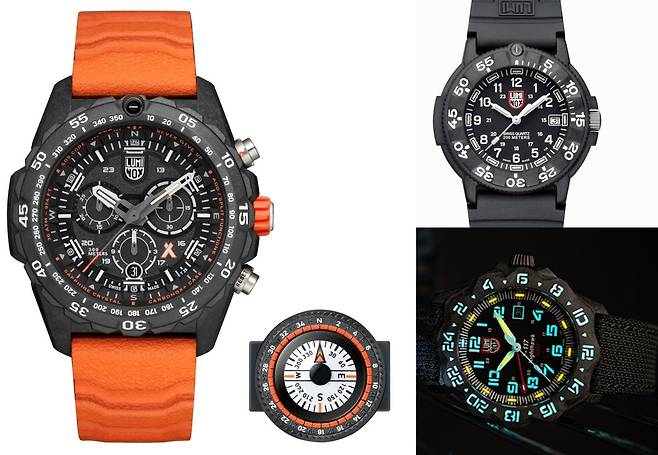 지샥과 함께 대표적인 '생존주의' 시계 브랜드로 알려진 루미녹스. 좌측부터 시계방향으로 '베어 그릴스', '네이비씰', '나이트호크' 모델.