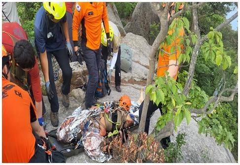 소방 대원들이 지난 31일 북한산 인수봉에서 추락한 A씨를 구조하고 있다. 경기도북부소방재난본부 제공