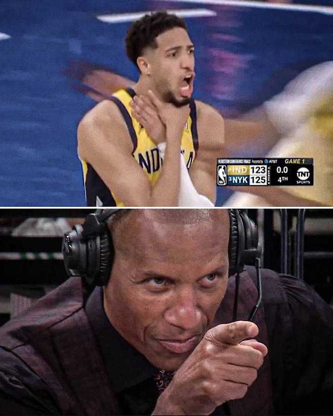 사진은 동부콘퍼런스 결승 1차전 중 동점에 성공한 뒤 레지 밀러(아래)의 세리머니를 오마주한 할리버튼(위)의 모습. 사진=ESPN SNS