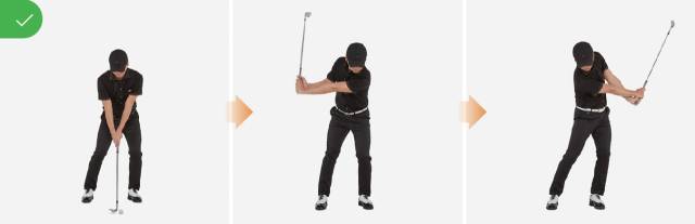 몸무게를 왼발 쪽에 얹어준 상태를 스윙 내내 유지한다. 페이스는 폴로스루 때도 뺨을 바라본다.