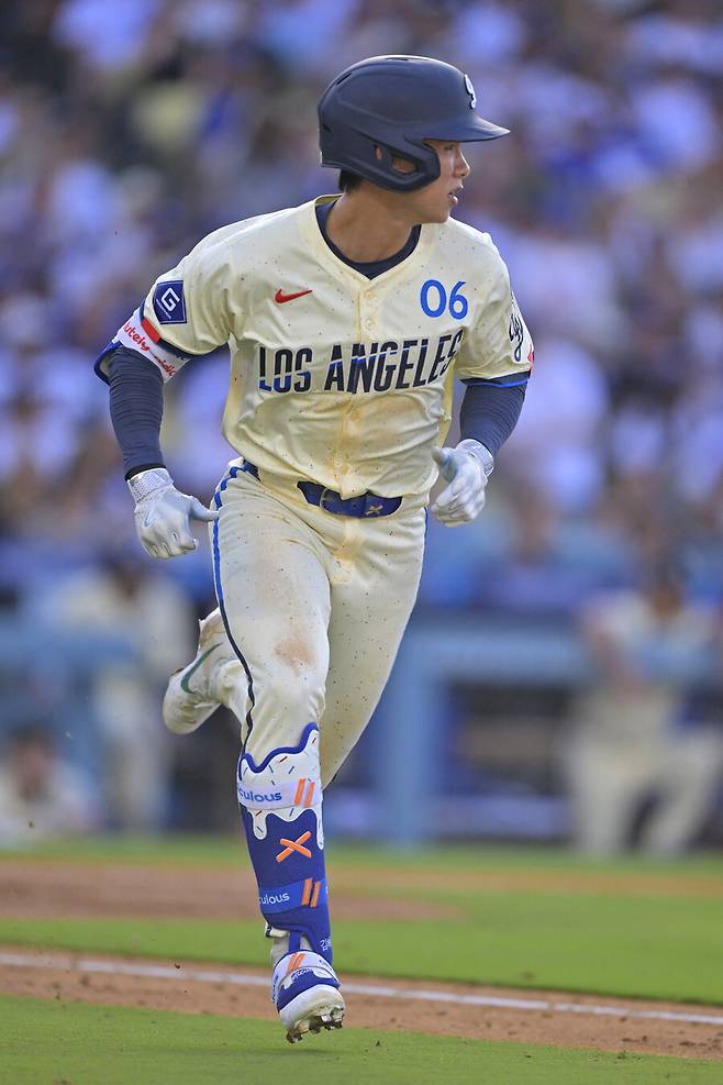 ▲ 1일(한국시간) 뉴욕 양키스와 경기에서 5회 안타치고 출루하는 김혜성 ⓒ연합뉴스/AP