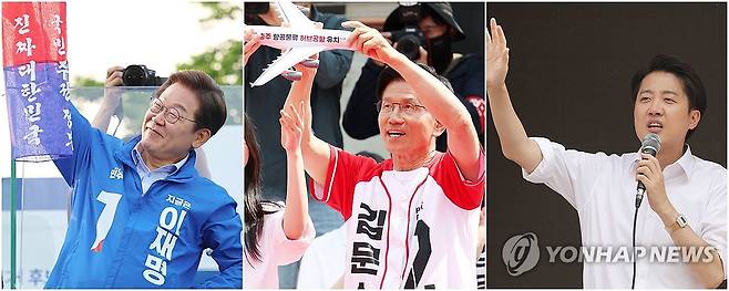 지지 호소하는 이재명·김문수·이준석 (서울=연합뉴스) 김주성 박동주 류영석 기자 = 제21대 대통령 선거 사전투표 이틀째인 30일 더불어민주당 이재명 대선후보(사진 왼쪽부터)가 충북 충주시 충주체육관 시계탑광장에서 열린 유세에서, 국민의힘 김문수 대선후보가 충북 충주시 젊음의 거리에서 열린 유세에서, 개혁신당 이준석 대선후보가 서울 동작구 중앙대학교 인근에서 열린 유세에서 지지를 호소하고 있다. 2025.5.30 photo@yna.co.kr