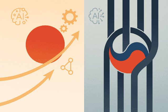 일본이 AI 진흥 중심 법안을 내놓은 반면, 한국은 규제 위주의 AI 기본법으로 스타트업 위축 우려를 낳고 있다. (사진=챗GPT 이미지 생성기)