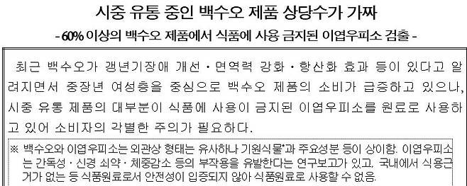 한국소비자원이 2015년 4월 발표한 '가짜 백수오' 관련 보도자료. 내츄럴엔도텍의 원료를 수거·시험한 결과, 가짜 백수오인 ‘이엽우피소’ 성분이 검출됐다는 것이 골자다. /한국소비자원