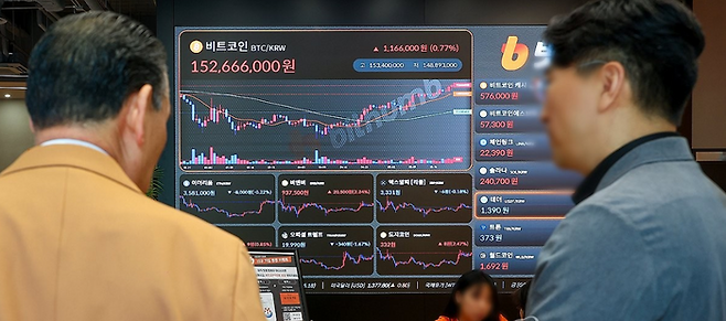 지난달 22일 비트코인이 사상 최초로 11만 달러를 넘어선 가운데 서울 서초구 빗썸라운지 강남본점 전광판 비트코인 시세가 띄워져 있다. ⓒ연합뉴스