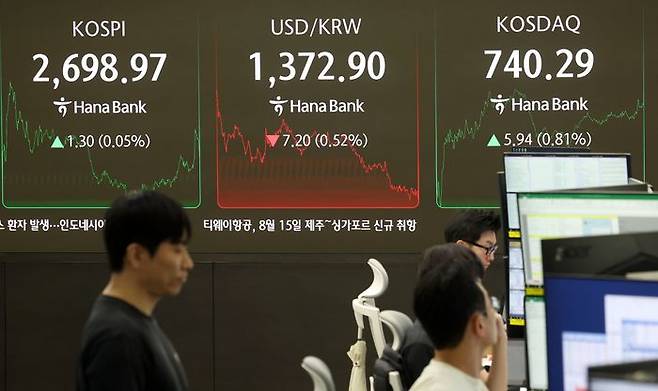 2일 오후 서울 중구 하나은행 딜링룸 전광판에 지수가 표시되고 있다. ⓒ뉴시스