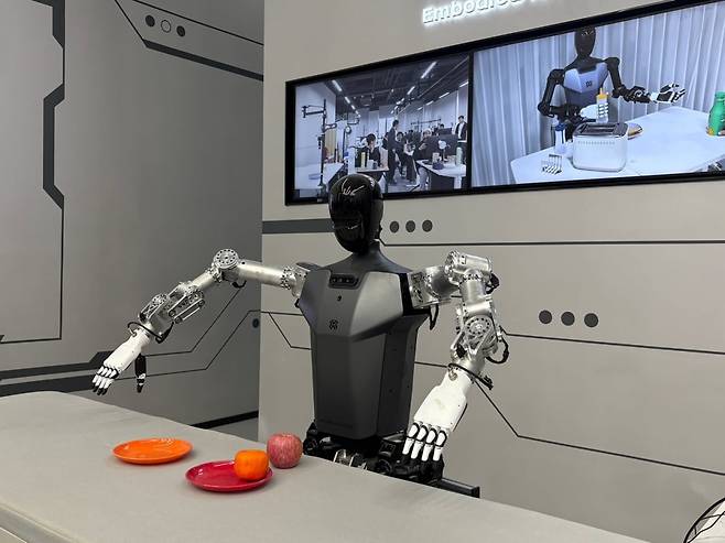중국 베이징 경제기술개발구 징하이 5로에 위치한 베이징휴머노이드로봇혁신센터에서 로봇이 양손으로 과일을 집어 그릇에 옮기는 연습을 하고 있다. 사진=김은정 한국경제신문 기자