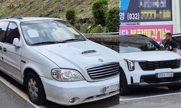 인천시 연수구 연수동 장미근린공원 인근의 공영주차장에 무판 차량이 세워져 있다(왼쪽). 최근 연수구 옥련동 한 중고차 매장에서 외국인이 자동차 성능을 점검하는 모습.