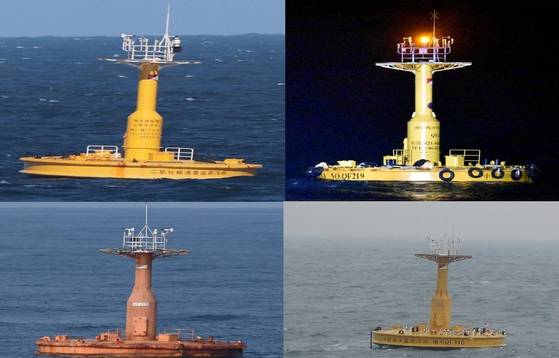 중국이 서해 잠정조치수역(PMZ) 안팎에 세워 놓은 '해양관측부이'의 실제 모습. 첫째줄 왼쪽부터 시계 방향으로 '이산화탄소 유량 모니터링 부표'(2019년 7월), '중국해양감시부유물 QF219'(2020년 4월), '중국 해양 모니터링 부유물 QF209'(2018년 6월), '중국 해양 감시 부유물 QF111'(2018년 2월)이라고 써 있다. 사진 해군사진 해군