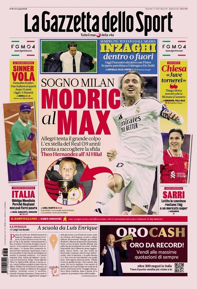 AC밀란의 루카 모드리치 영입설을 보도한 이탈리아 매체 라 가제타 델로 스포르트. 가운데 작은 원 사진은 AC밀란 유니폼을 입고 있는 어린 시절 모드리치의 모습. /사진=라 가제타 델로 스포르트 캡처