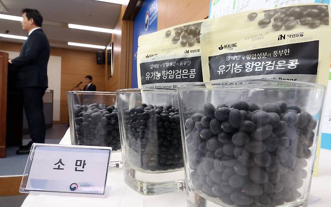 곽도연 농촌진흥청 국립식량과학원장이 21일 세종시 정부세종청사에서 농진청이 개발한 검정콩 '소만'에 항산화 물질이 많아 기능성이 우수하다고 밝히고 있다. 사진은 기사와 직접적인 관련이 없음. /뉴시스