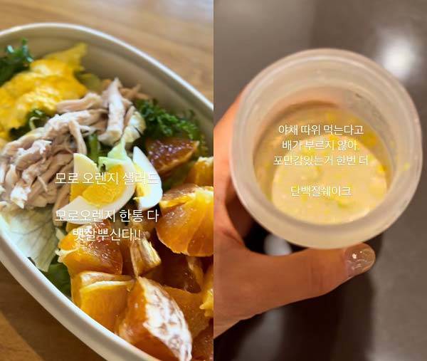 진서연이 먹은 모로오렌지 샐러드와 단백질 셰이크./사진=진서연 인스타그램 캡처
