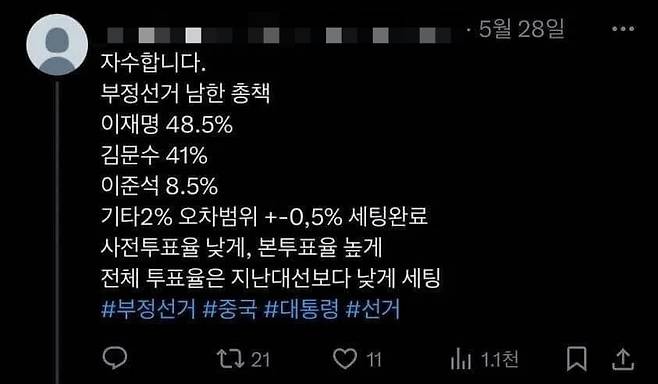 지난달 28일 X(옛 트위터)에 한 사용자가 "부정선거 총책이라고 자수한다"며 제21대 대선 최종 득표율과 유사한 수준으로 후보별 득표율 예상치를 적어 게시한 글이 부정선거 음모설을 뒷받침하는 증거라며 갈무리돼 확산하고 있다. /사진=X 갈무리.