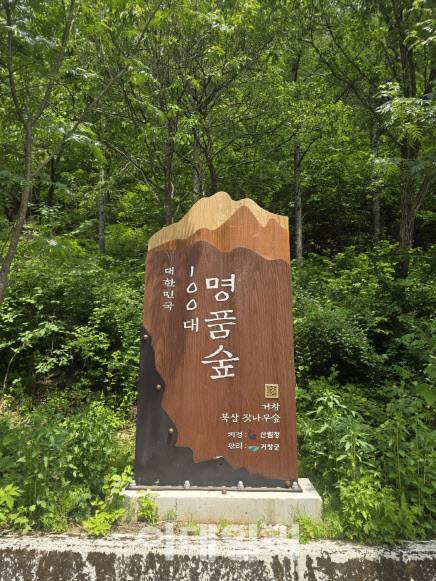경남 거창 북상면 남덕유산 자락 류형열 대표의 산 입구에 설치된 대한민국 100대 명품숲 표지석. (사진=박진환 기자)
