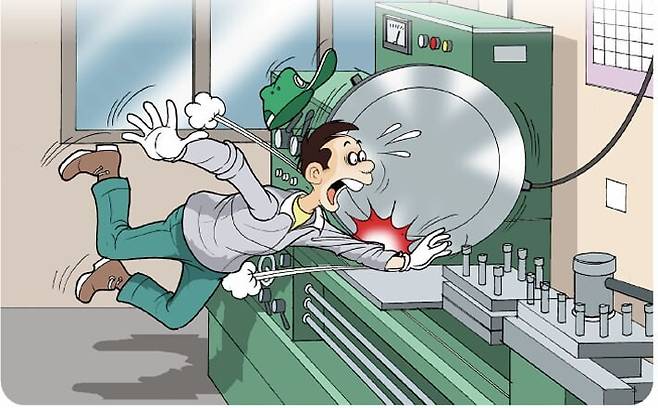 김충현씨 사망사고의 원인이 된 \'범용선반기계\'의 끼임 위험. 고용노동부 \'선반 작업안전\' 가이드에 수록돼 있을 만큼 빈번한 사고위험이다.