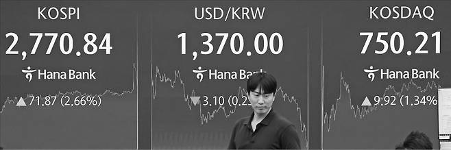 이재명 대통령이 취임한 4일 코스피지수가 3% 가까이 급등했다. 서울 중구 하나은행 본점 딜링룸 전광판에 주가지수와 환율이 표시돼 있다. /이솔 기자