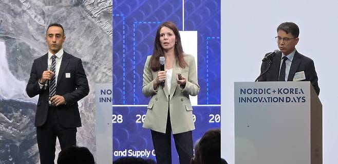 15일 서울 강남구 한국고등교육재단에서 열린 '2025 한+노르딕 혁신의 날' 번영 세션의 연사들이 주제발표를 하고 있다. 왼쪽부터 아르만 하산푸르 히타치 에너지 대표 겸 COO, 시벨 톰바즈 에릭슨 코리아 대표, 장길수 고려대학교 전기전자공학부 교수./사진=김상희 기자