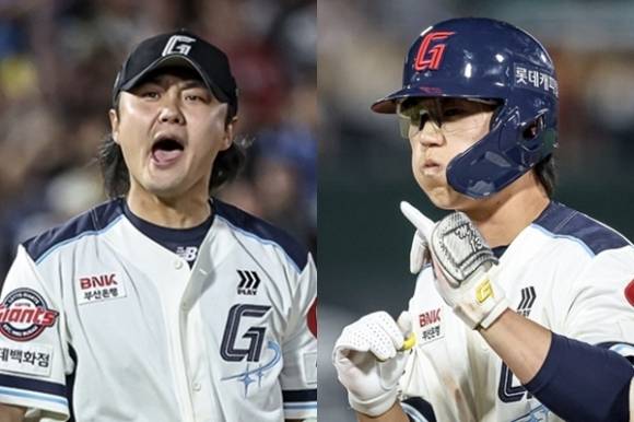 2025시즌을 앞두고 두산에서 롯데로 이적한 불펜 투수 정철원(왼쪽)과 유격수 전민재. 롯데 자이언츠 제공