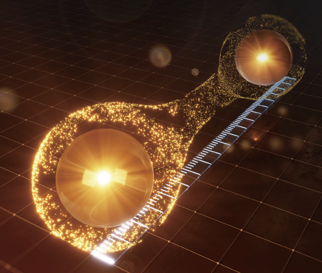 연세대와 서울대 연구진이 양자거리 개념을 표현한 그림. 노란색 두 개의 공 모양이 전자를 나타내고, 그 주변의 점들은 전자가 파동처럼 퍼져 있음을 의미한다. 전자 간의 유사성을 뜻하는 양자거리는 실제 거리와 다소 다른 개념이지만, 양자거리 측정 연구를 직관적으로 표현하기 위해 자(흰색)를 그려 넣었다. 김근수 연세대 교수 제공