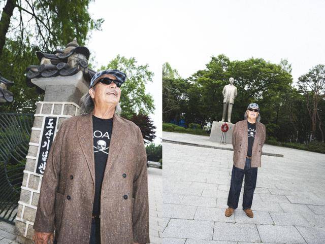 5월 중순 서울 강남구 도산공원 앞에서 글로벌 패션 브랜드 노아의 제품을 착용한 한국계 미국인 필립 안 커디(70)가 화보를 찍고 있다. 그는 도산 안창호 선생의 외손자다. 무신사 제공