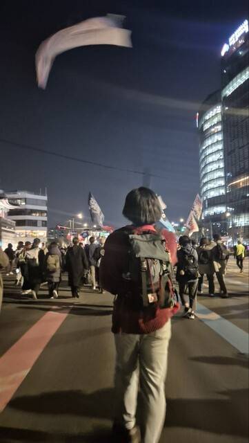 지난 3월26일 필자가 윤석열 퇴진 집회가 있는 서울 광화문 광장에서 행진하며 깃발을 세차게 흔들고 있다. 필자 제공