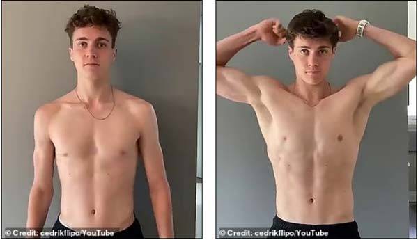 캐나다의 운동 유튜버 세드릭 플리포가 '팔굽혀펴기 챌린지'를 하기 전(왼쪽)과 후(오른쪽)의 모습./사진=데일리메일 캡처