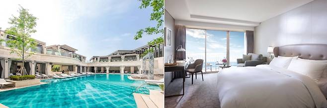 인천 영종도 파라다이스시티의 야외 수영장과 객실 내부 모습