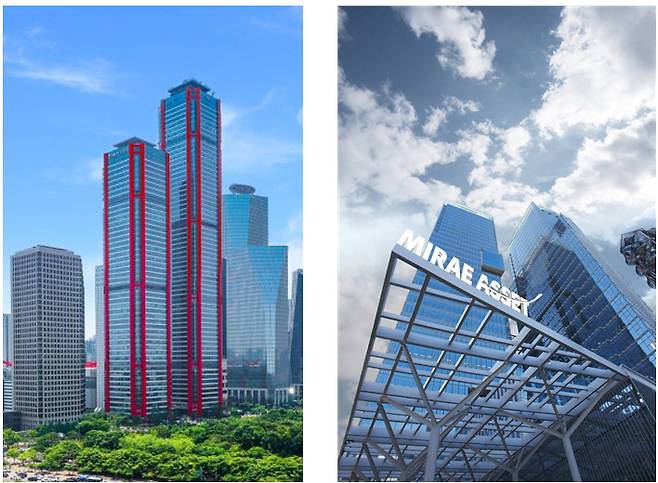 NH투자증권 본사 사옥(왼쪽)과 미래에셋자산운용 본사 사옥. /사진=각 사 제공