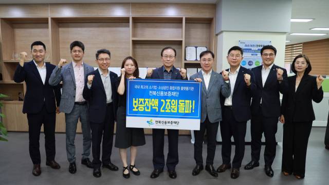 ▲전북신용보증재단 한종관 이사장을 비롯한 직원들이 보증잔액 2조 원 돌파를 기념하고 있다. ⓒ전북신용보증재단