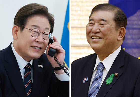 이재명 대통령이 9일 서울 용산 대통령실에서 이시바 시게루 일본 총리(오른쪽 사진)와 전화 통화를 하고 있다. 국교 정상화 60주년을 맞아 의사소통을 강화하기로 한 두 정상은 오는 15~17일 캐나다에서 열리는 G7 플러스 정상회의에서 만날 예정이다. 대통령실사진기자단, AP=연합뉴스