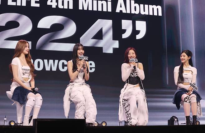 Members of girl group Kiss of Life speak during a media showcase for its fourth EP "224" at Yes24 Live Hall in Gwangjin-gu, Seoul, Monday. (Yonhap)