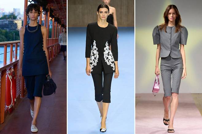 와이드 팬츠와 스키니 진 등에 밀려 한동안 자취를 감췄던 카프리 팬츠가 올 시즌 현대적인 실루엣과 다양한 소재로 돌아왔다. 유명 패션 하우스들은 이번 봄여름 컬렉션에서 자신만의 방식으로 재해석한 다양한 카프리 팬츠를 선보였다. 블라우스와 카프리 팬츠를 매치한 셋업 룩으로 우아함의 정수를 보여준 타미 힐피거(왼쪽 사진), 클래식한 재킷과의 조합으로 세련된 오피스 룩을 선보인 캐롤리나 헤레라(가운데 사진), 도시적인 그레이 셋업을 보여준 샌디 리앙(오른쪽 사진). 각 브랜드 제공