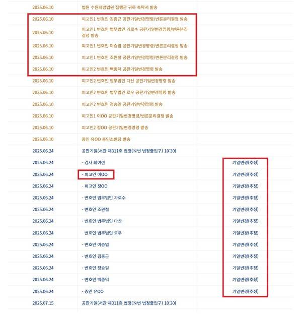 ▲서울중앙지방법원이 이재명 대통령의 대장동 백현동 사건 등에 대한 재판 진행상황에 오는 24일 예정이던 공판기일이 변경돼 추정(추후지정-무기한 연기)한다고 기재하고 있다. 사진=법원 사건검색서비스 갈무리