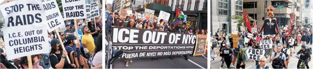 들불처럼 번진 시위 : 미국 로스앤젤레스(LA) 불법 이민자 단속 반대 시위 닷새째인 10일 워싱턴DC(왼쪽 사진), 뉴욕(가운데), 시카고(오른쪽) 등 미국 내 다른 대도시에서도 시민들이 ‘급습을 멈춰라’ ‘이민세관단속국(ICE)은 뉴욕에서 나가라’ ‘ICE 엿 먹어라’ 등이 적힌 플래카드 등을 들고 도널드 트럼프 행정부와 이민 당국에 항의하는 대규모 시위를 벌이고 있다. 트럼프 대통령은 이 같은 시위를 ‘외적의 침공’으로 규정하고 반란법 가동 가능성도 시사하는 등 강경 대응 기조를 재확인했다. 로이터 EPA 연합뉴스