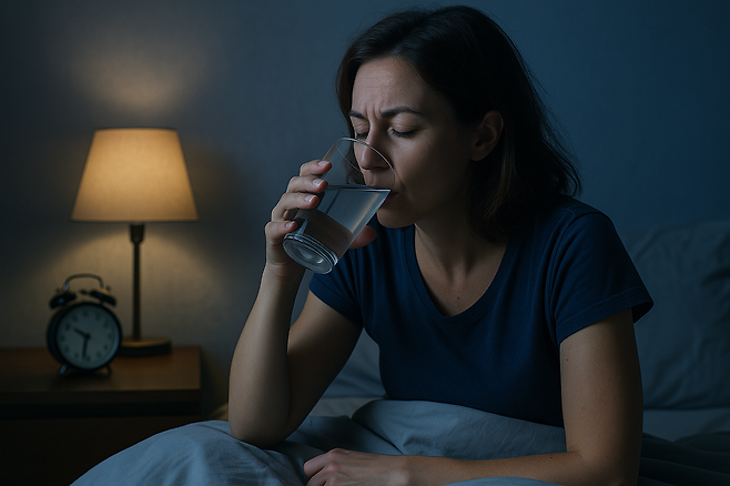 밤에 컵으로 물을 마시는 여성