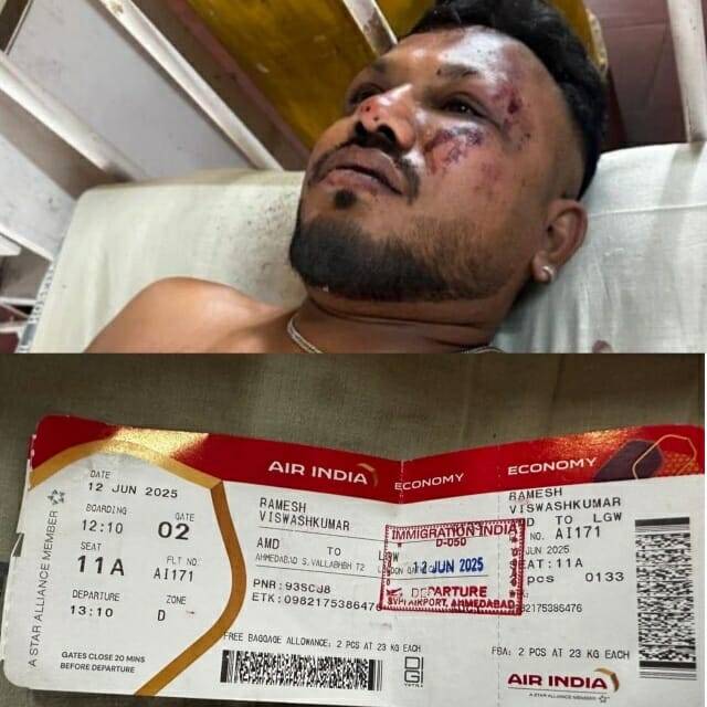 에어 인디아 여객기 추락 사고의 유일한 생존자 비슈와시 쿠마르 라메쉬만과 그의 비행기 탑승권 (사진=인도 힌두스탄 타임스 엑스)