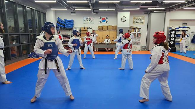 지난 11일 오후 5시 서울 서대문구 연세대 스포츠과학관에서 김영선 연세대 강사와 아이슬란드인 시글스테인 사범의 지도하에 현지 제자들이 태권도 겨루기를 하고 있다. /안태민 기자