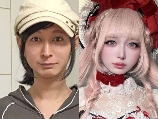 여장을 한 채로 노래를 불러 화제가 된 타니 타구마의 여장 후(왼)과 전(오)./사진=사우스차이나모닝포스트