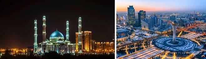 아스타나 하즈렛 술탄 모스크(왼쪽)와 바이테렉(오른쪽) / 사진=카자흐스탄 관광청