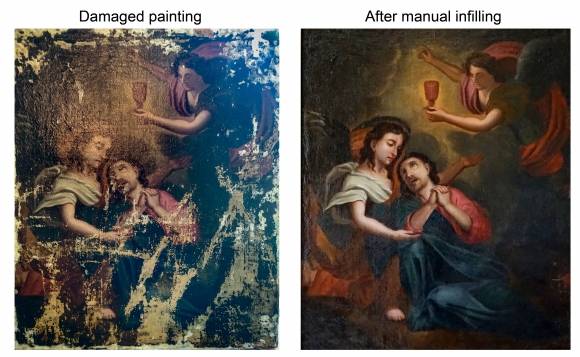 바로크 양식의 이탈리아 목판 유화의 수작업 복원 작업은 완료하는 데 7개월 이상이 걸린다. 심하게 손상된 그림은 라미네이트 마스크를 이용하면 상당히 빠르게 복원할 수 있다. 미국 MIT 제공