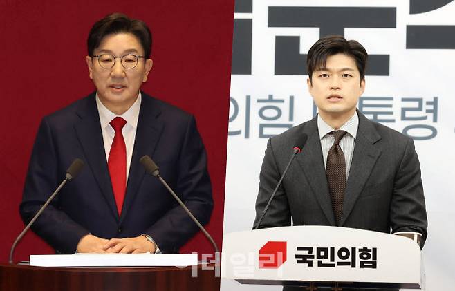 왼쪽부터 권성동 전 국민의힘 원내대표, 김용태 비상대책위원장(사진 = 이데일리 노진환 기자)