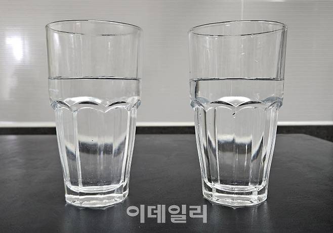 브리타 정수기에 가품 필터(왼쪽)와 정품 필터를 써서 걸러낸 물. 육안으로는 구분이 불가능하다.(사진=김영환 기자)