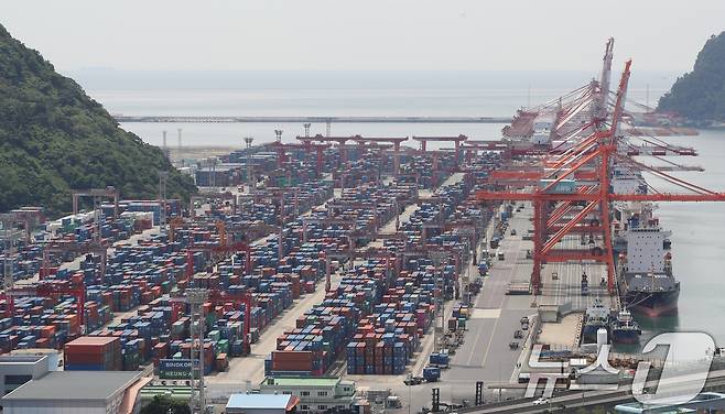 11일 부산항 신선대부두 야적장에 컨테이너가 가득 쌓여 있다. 2025.6.11/뉴스1 ⓒ News1 윤일지 기자