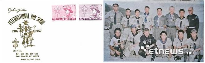 1957년 최초 스카우트 우표 봉투(왼쪽). 1956년, 2차 원정(쏠슨·이태환·오선환: 뒷줄 오른쪽에서 3, 4번째, 맨 마지막)