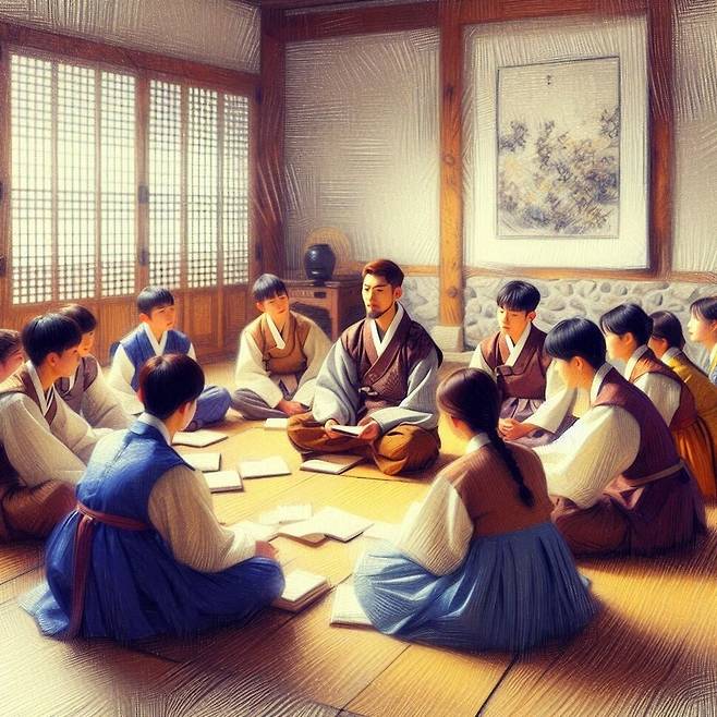 최영 작가가 인공지능(AI) 코파일럿에 “단원 김홍도가 그린 서당도의 구도와 복장을 활용해서 대한민국 현재 학원 모습을 그려줘”라는 지시어를 입력해 생성한 이미지. 회초리도 없건만 아이들 표정은 훨씬 진지하다.